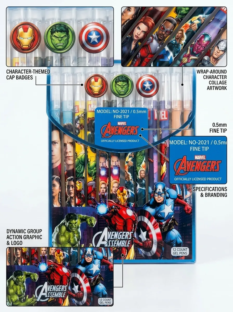 Marvel Avengers  0.5mm Fine Tip Gel Pens Set – 12 Pcs | Colorful Cartoon Pens