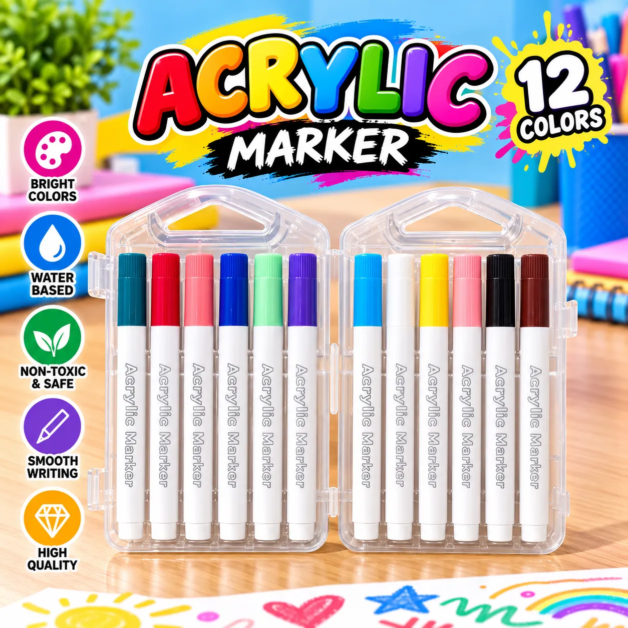 12 Colors Acrylic Marker Pens Set – Water-Based Smooth Writing Paint Markers with Transparent Carrying Case for Art