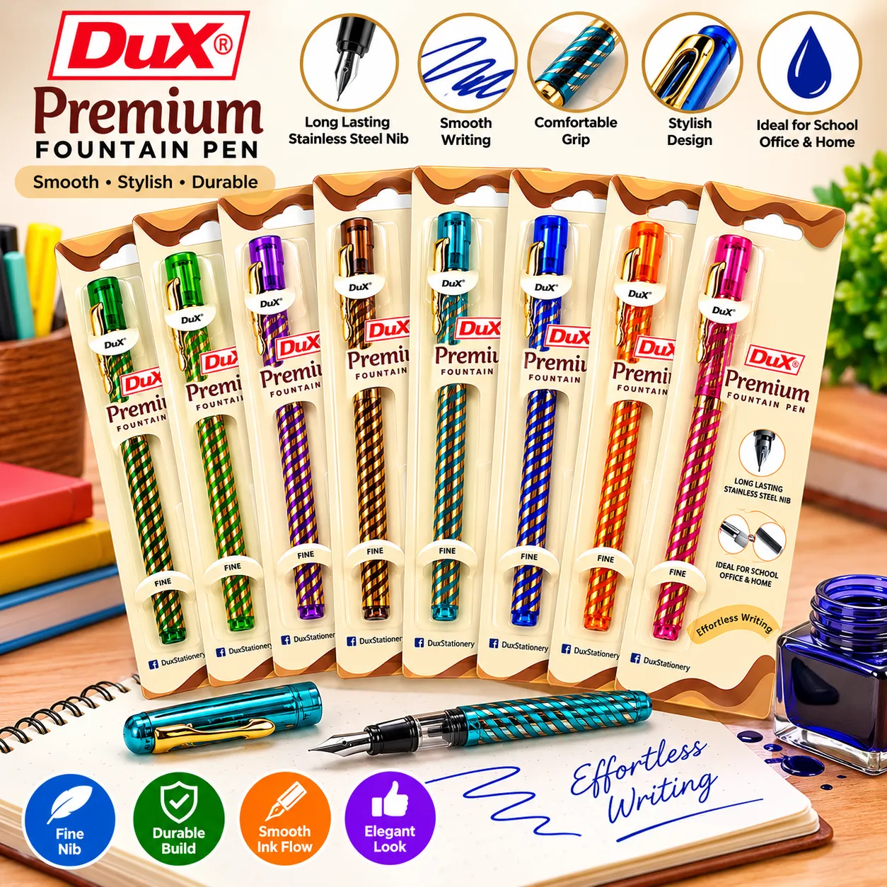 DuX Premium Fountain Pen with Stainless Steel Fine Nib, Smooth Writing Pen for School, Office and Home