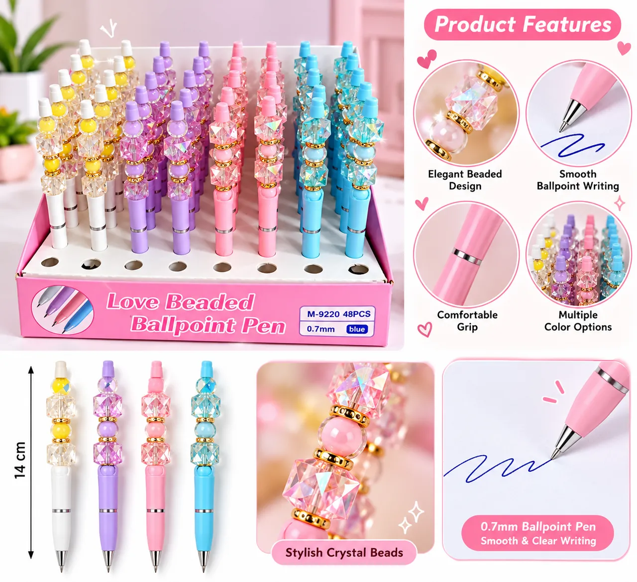 Love Beaded Ballpoint Pen M-9220 0.7mm Blue Ink Decorative Crystal Beaded Pen