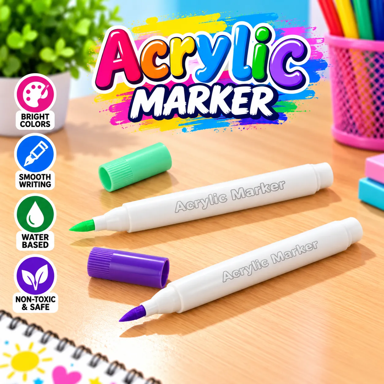 12 Colors Acrylic Marker Pens Set – Water-Based Smooth Writing Paint Markers with Transparent Carrying Case for Art