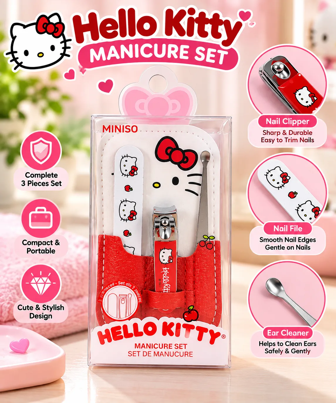 Hello Kitty 3-Piece Manicure Set with Storage Bag
