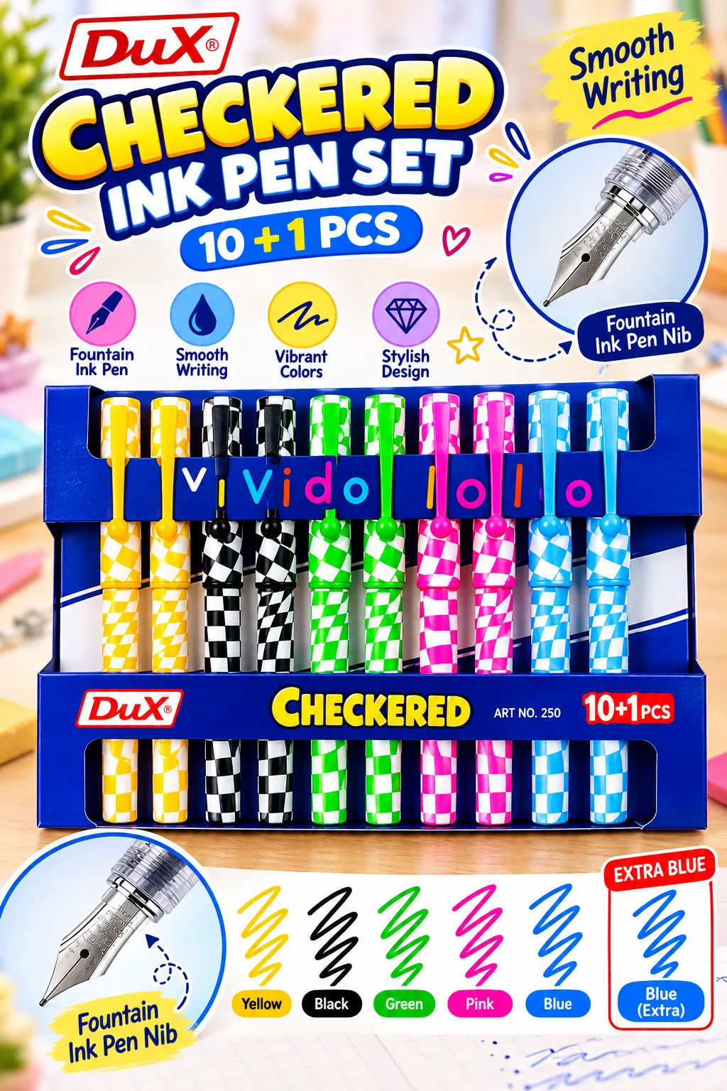 DuX Checkered Color Pen Set – 10 PCS Vibrant Pens with Stylish Checkered Design & Secure Clip