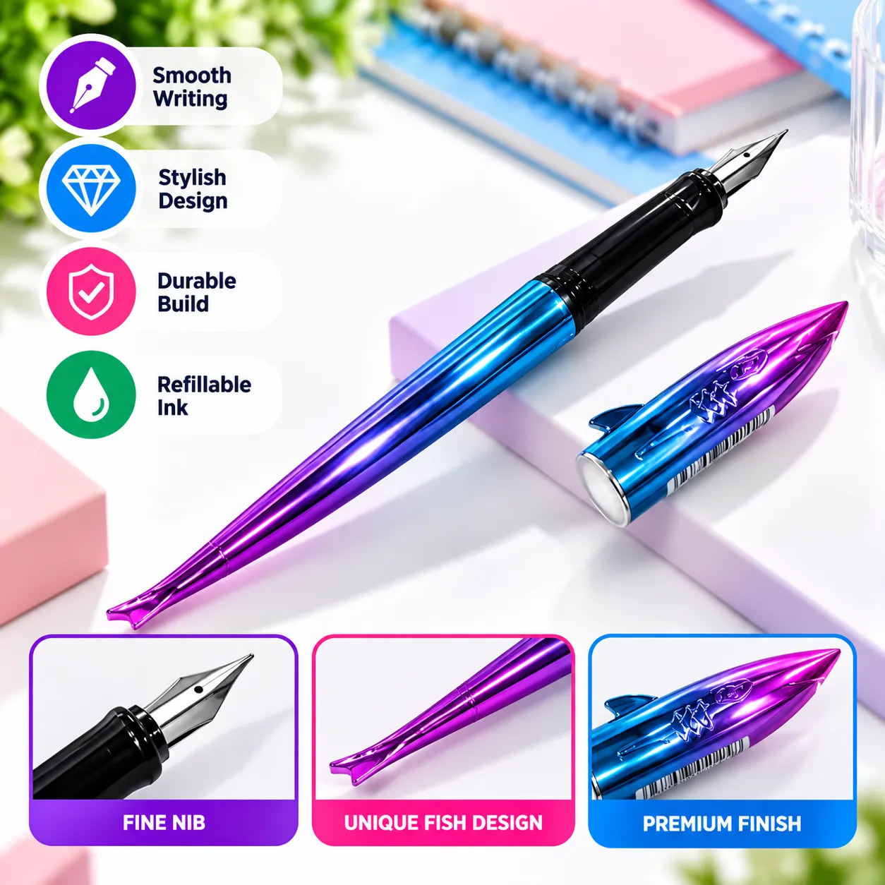 Chrena Fish Design Fountain Pen with Metallic Finish, Fine Nib, Refillable Ink Pen for School