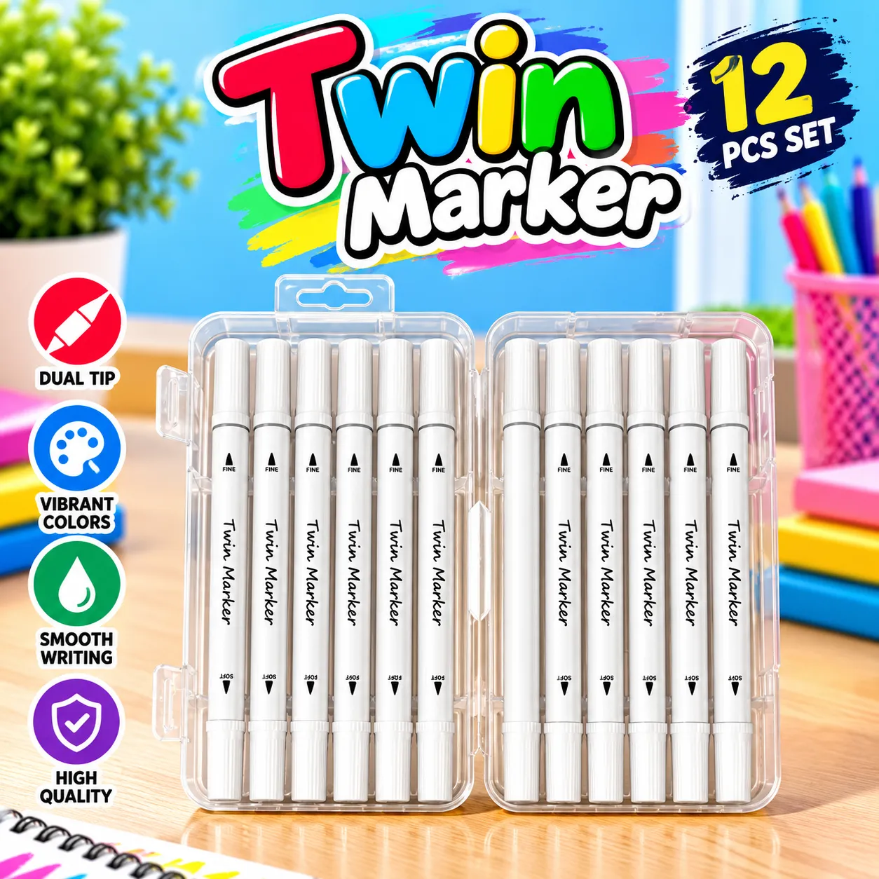 12 Pcs Acrylic Marker Pens Set – Water-Based Twin Tip Markers for Drawing, Painting, Art & Craft
