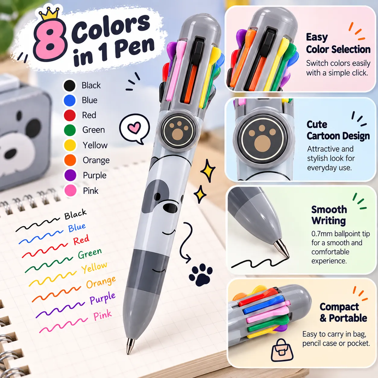 We Bare Bears Ballpoint Pen 8 Color Multicolor Ink Pen – Random Color