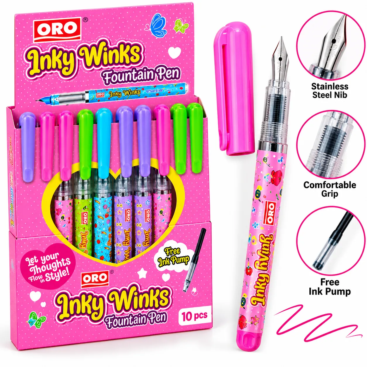 ORO Inky Winks Fountain Pen Set 10 Pcs with Free Ink Pump for School, Office & Home