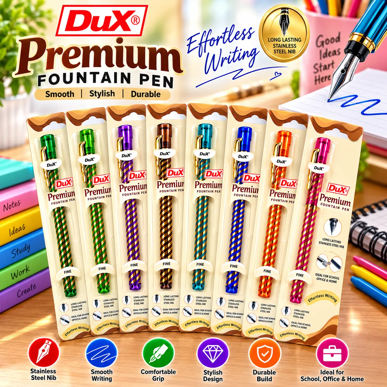 DuX Premium Fountain Pen with Stainless Steel Fine Nib, Smooth Writing Pen for School, Office and Home