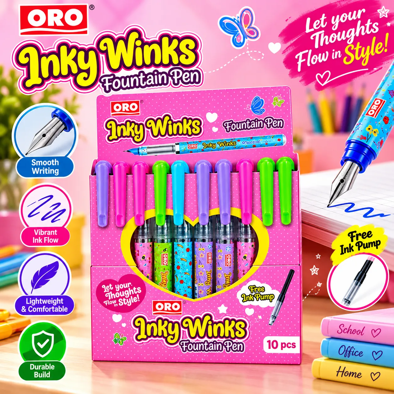 ORO Inky Winks Fountain Pen Set 10 Pcs with Free Ink Pump for School, Office & Home
