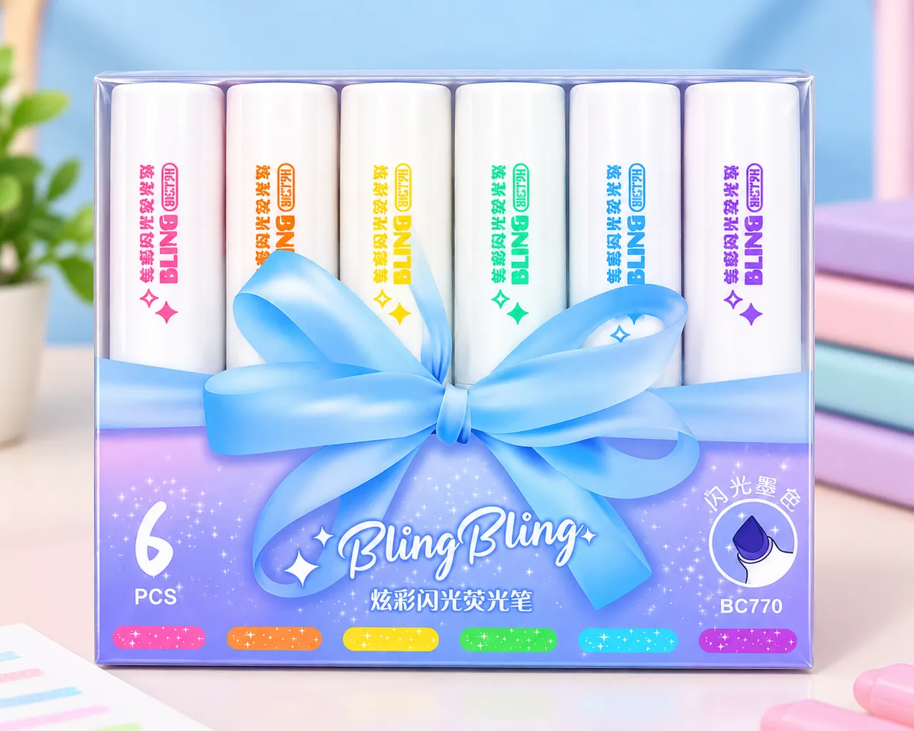 BlingBling 6-Piece Glitter Highlighter Set – Colorful Marker Pens for Study, Notes, School & Office
