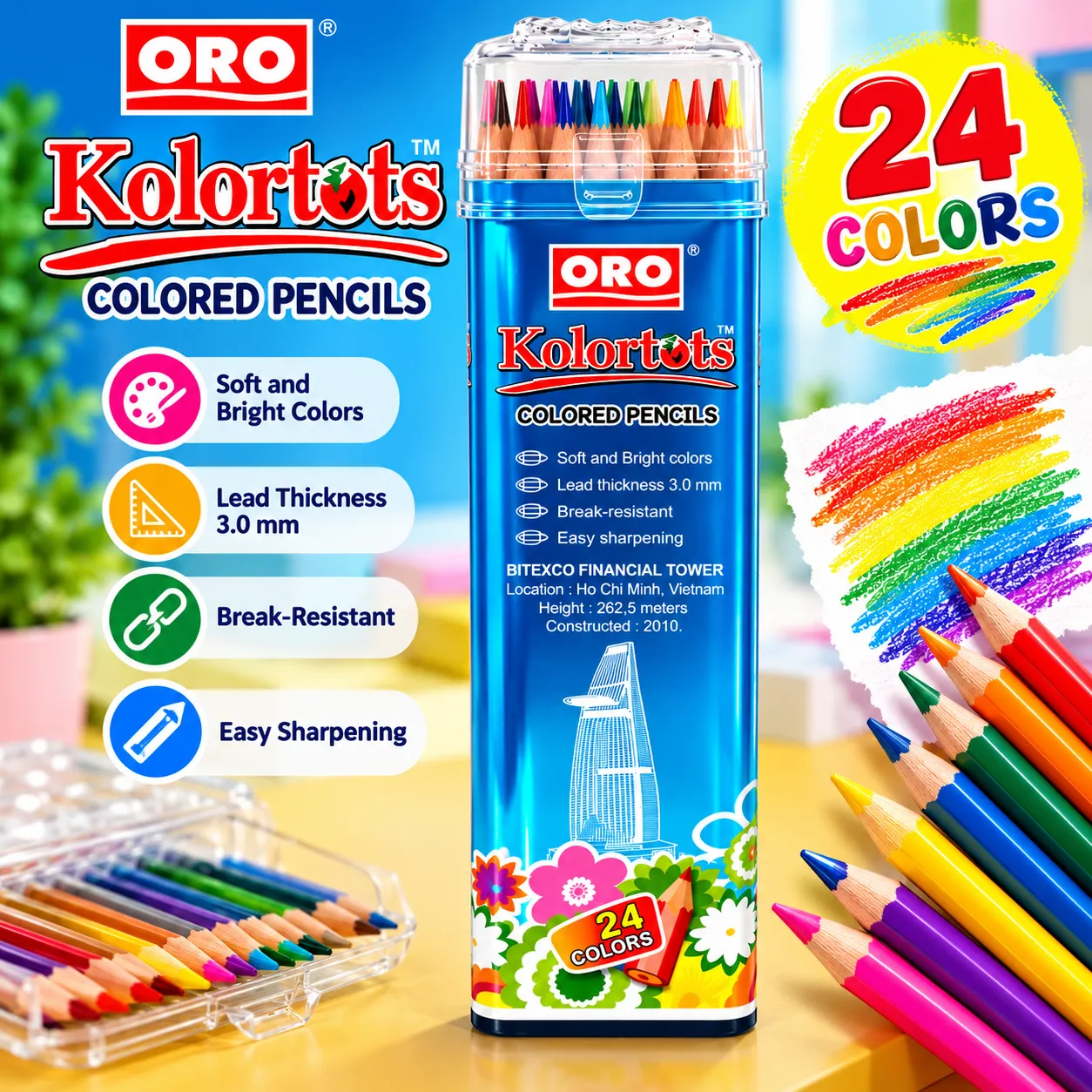 ORO Kolortots 24 Colors Colored Pencils Set with 3.0mm Break-Resistant Leads in Storage Case