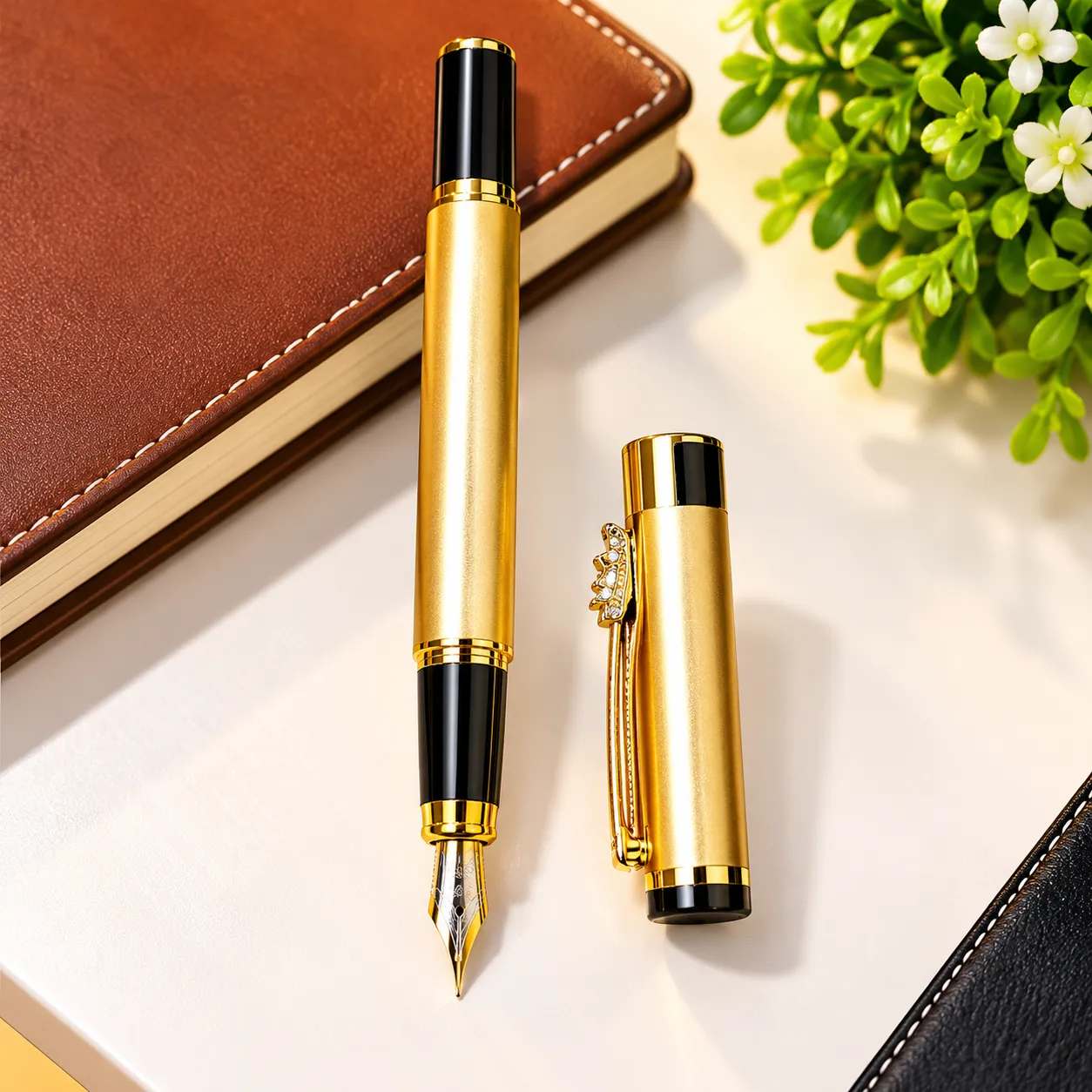 QIBAO Classic Series Luxury Gold Fountain Pen Set – Elegant Metal Pen with Decorative Design, Red Gift Box