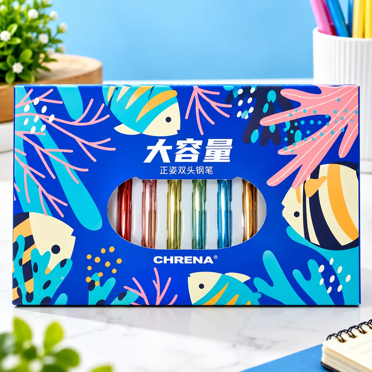 Chrena Fish Design Fountain Pen with Metallic Finish, Fine Nib, Refillable Ink Pen for School