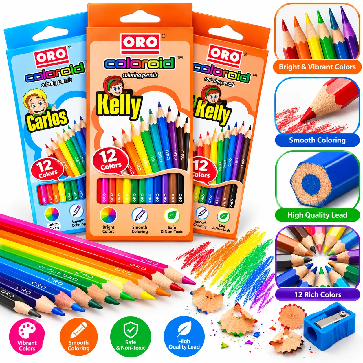 ORO Coloroid Coloring Pencils 12 Colors – Bright Colour Pencils for Kids, School, Drawing & Art Activities