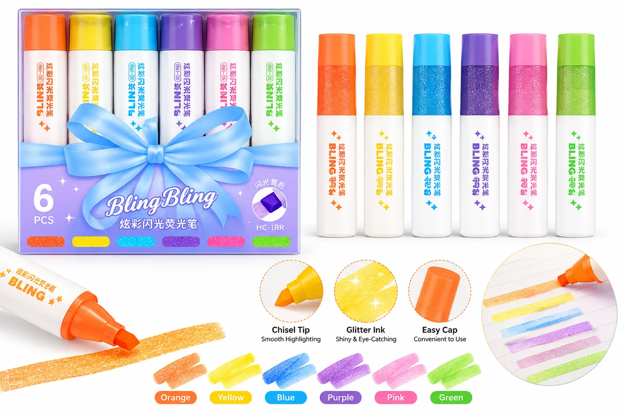 BlingBling 6-Piece Glitter Highlighter Set – Colorful Marker Pens for Study, Notes, School & Office