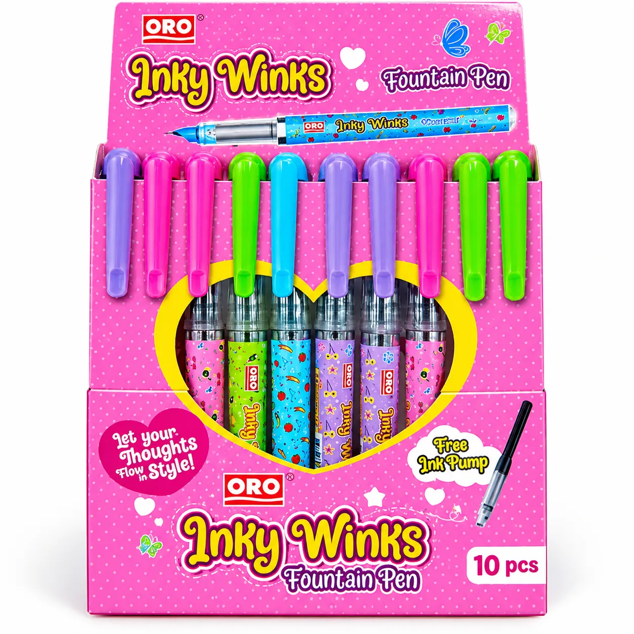 ORO Inky Winks Fountain Pen Set 10 Pcs with Free Ink Pump for School, Office & Home