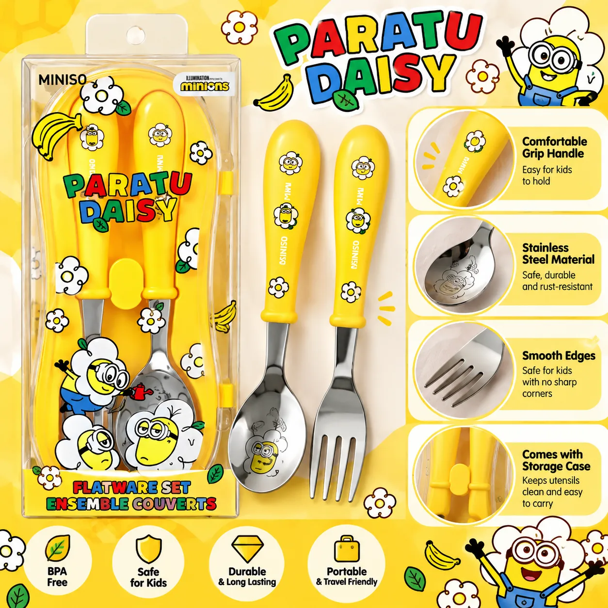 Daisy Minions Collection Fork & Spoon Set Yellow | Cute Cartoon Cutlery Set | Kids Flatware Set