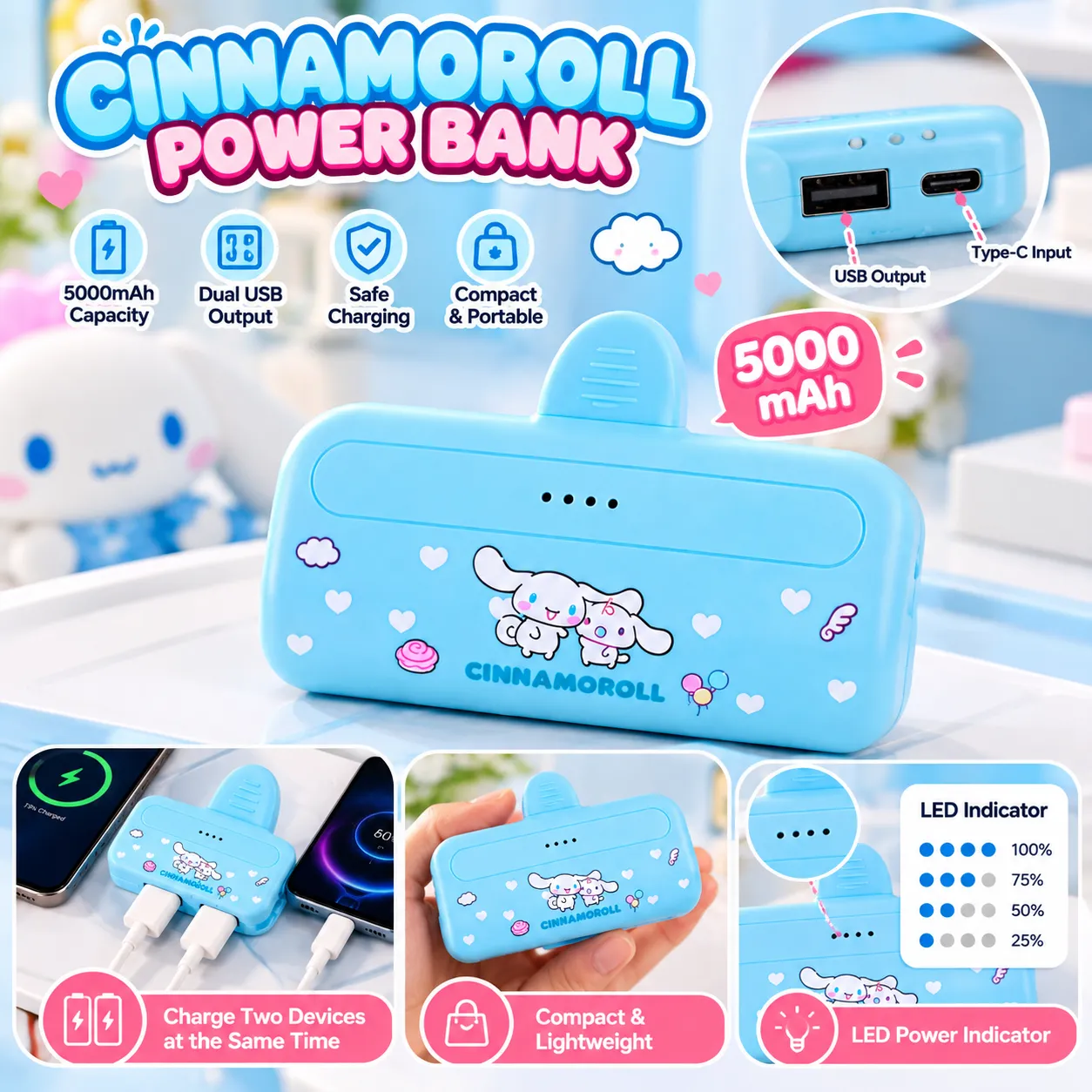 Sanrio characters 4500mAh Plug-in Type-C Power Bank(Cinnamoroll) Model: F69