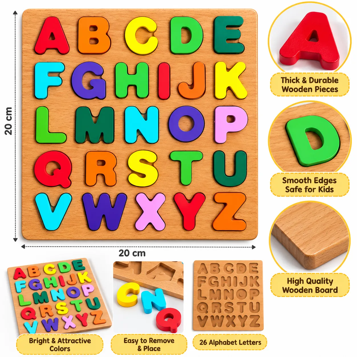 Wooden Alphabet Puzzle Board 26 Letters – Colorful A to Z Educational Learning Toy for Kids