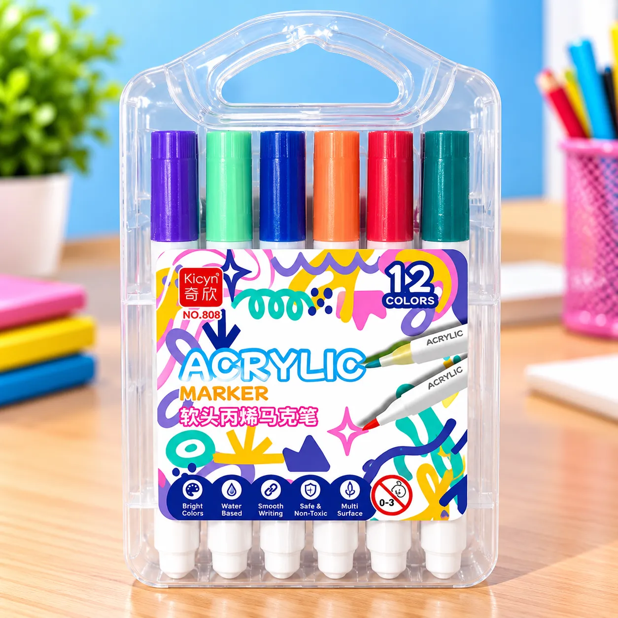 12 Colors Acrylic Marker Pens Set – Water-Based Smooth Writing Paint Markers with Transparent Carrying Case for Art