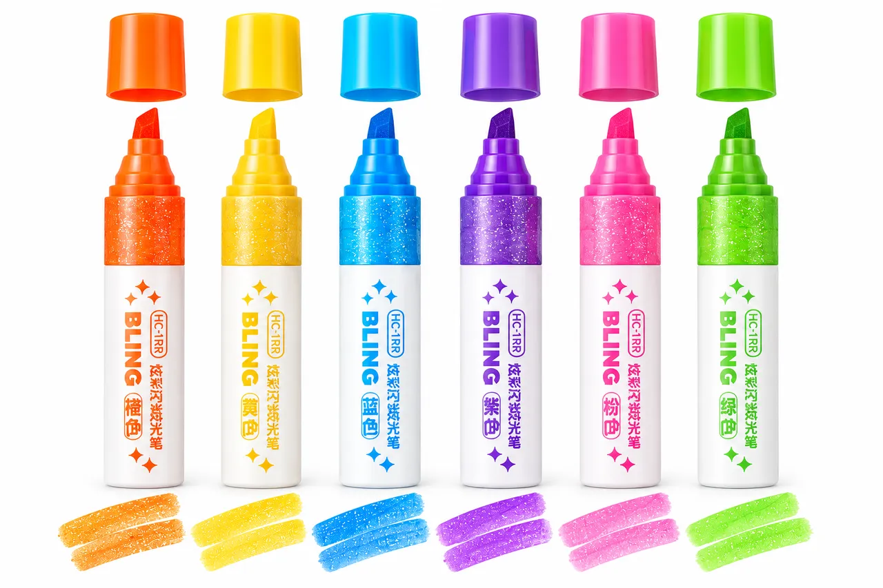 BlingBling 6-Piece Glitter Highlighter Set – Colorful Marker Pens for Study, Notes, School & Office