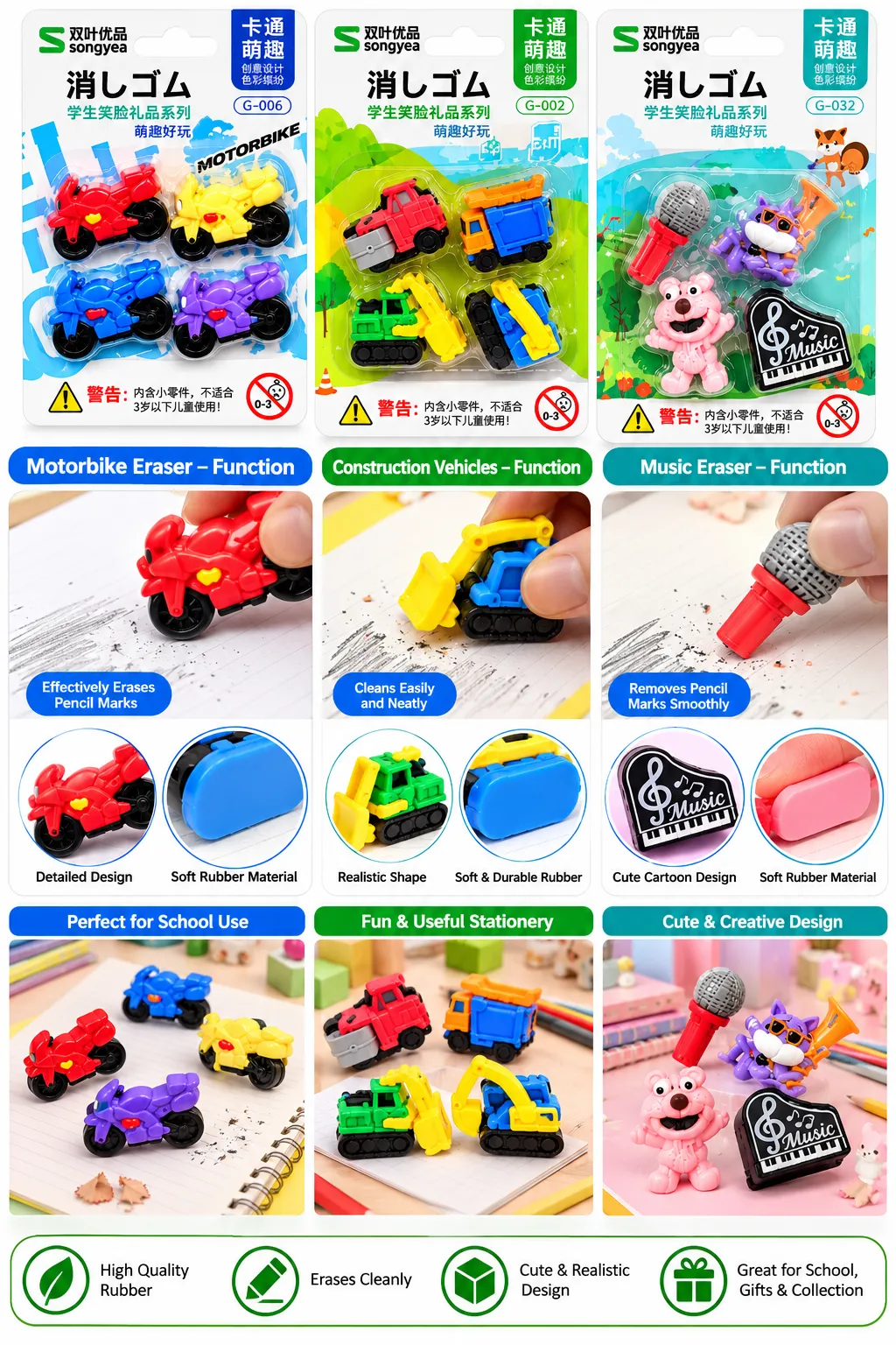 Cute Cartoon Rubber Eraser Set – Creative Character Design Pencil Eraser for School & Stationery