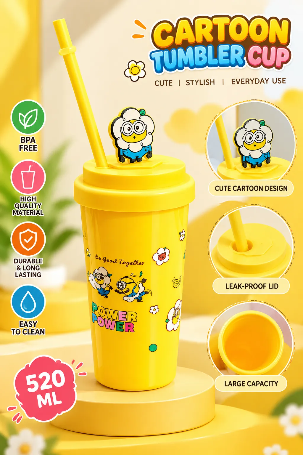 520ML Plastic Tumbler Bottle with Straw & Handle