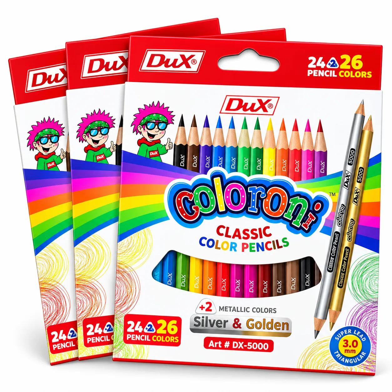 Dux Coloron Classic Colored Pencils 26 Colors with 3.0mm Triangular Super Lead – 24 Regular + 2 Metallic Colors for Kids & School